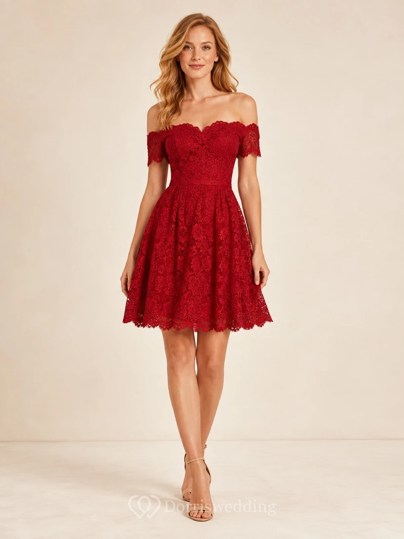 Rotes, schulterfreies A-Linien-Minikleid aus Spitze mit Muschelkanten an den Ärmeln