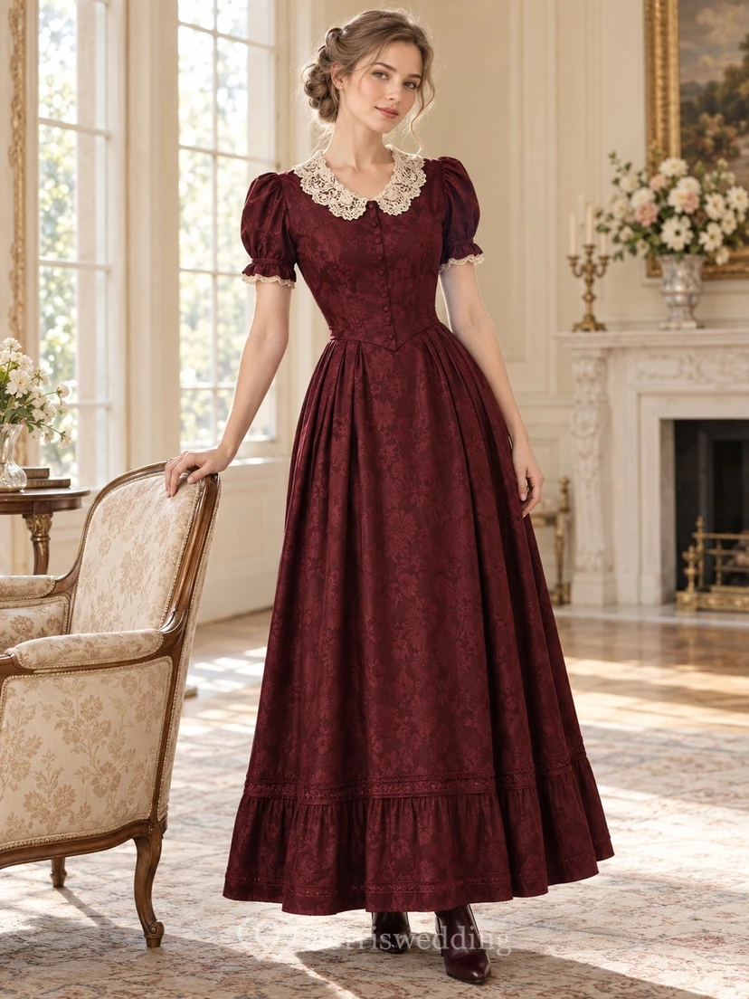 Viktorianisches, schlichtes, burgunderrotes, langes Abendkleid mit Spitzenkragen und Puffärmeln