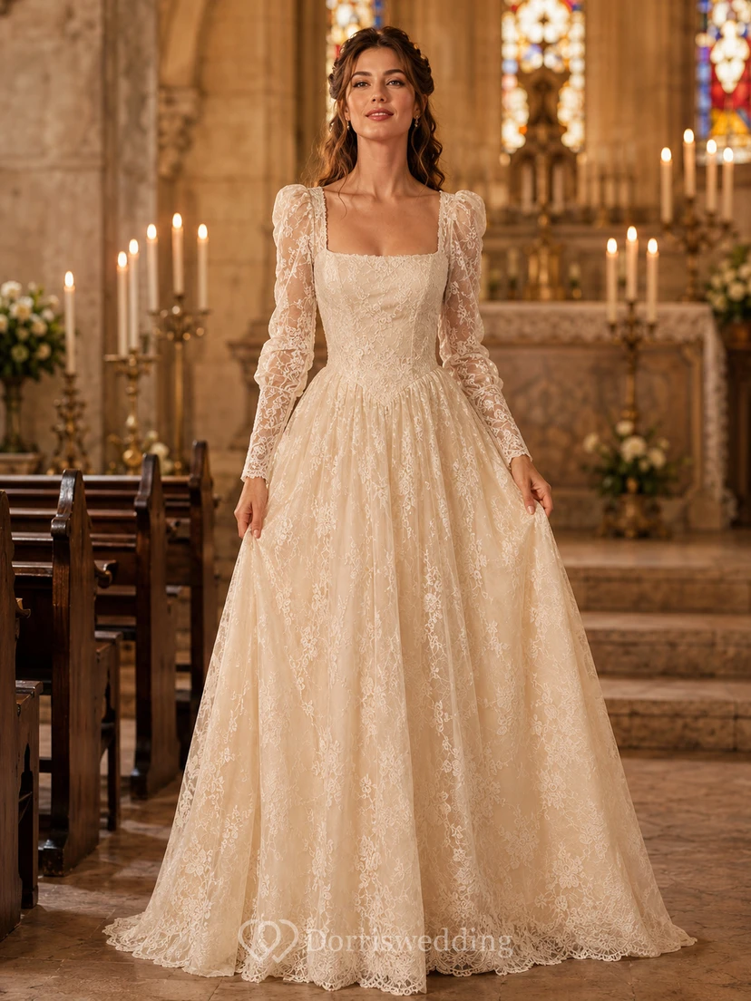 Champagne Square Neck Lace Sleeve A-Line Chapel Bridal Gown
