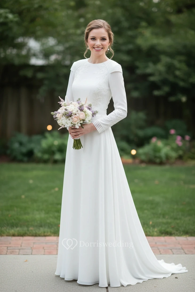 Vestido de novia plisado de gasa de corte conservador