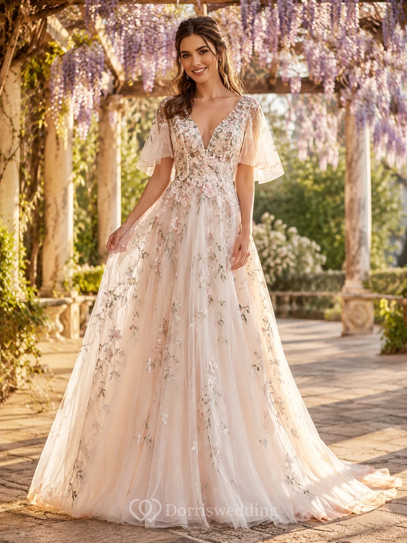 Robe de mariée en tulle et dentelle rose poudré, coupe trapèze, col en V, manches courtes et traîne.