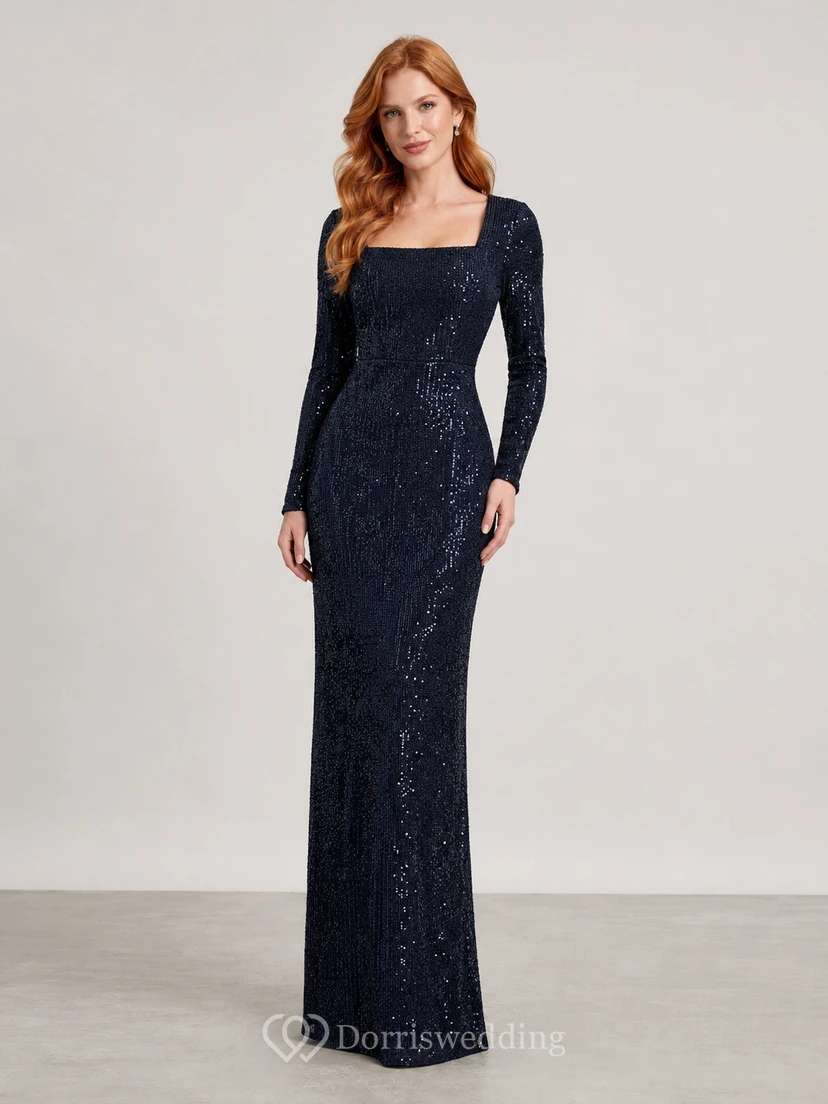 Dark Navy Bateau Sequin Long Sleeve Evening Dress