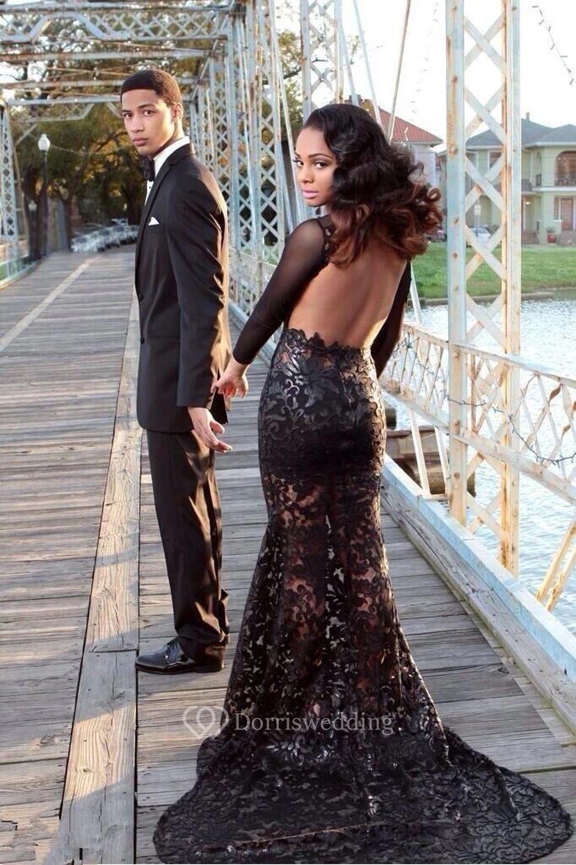 Sexy Black Long Sleeve Appliques Evening Dress Open Back With Train
