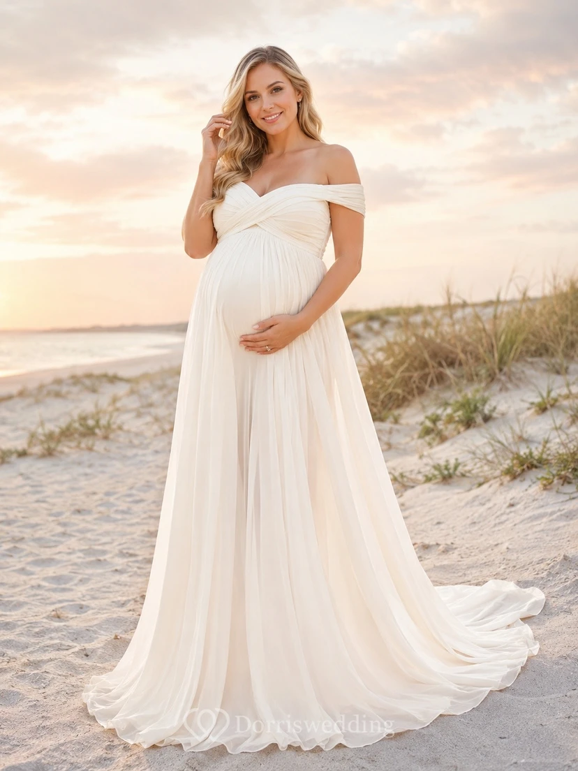 Maternity Empire Beach Off-shoulder Chiffon Sweep Train Photoshoot Gown