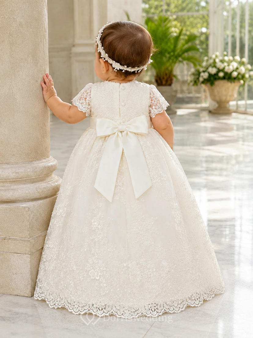 Vestido de lujo para ceremonia de bautizo de bebé, corte A, largo hasta el suelo, cuello joya, manga corta, tul, encaje, lazo en la espalda, botones en la espalda. view 2
