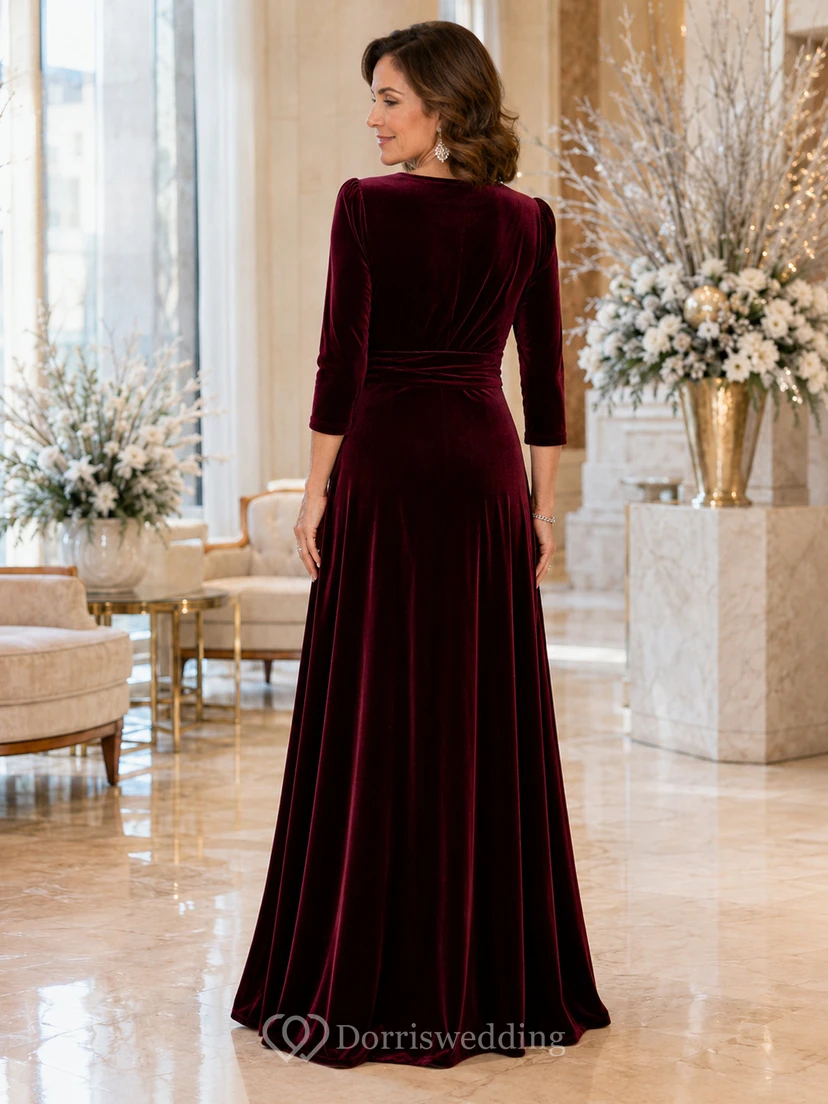 Burgundy Velvet Floor-Length A-Line Elegant Mother of the Bride Winter Gown with V-Neck Three-Quarter Sleeves and Ruching view 2
