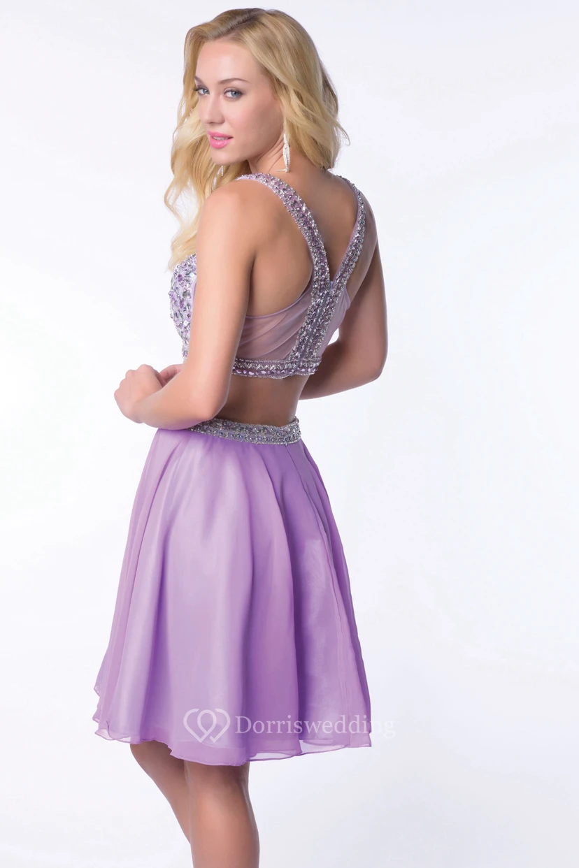 Two-Piece Sleeveless Chiffon Short Homecoming Dress With Bling Bust view 2