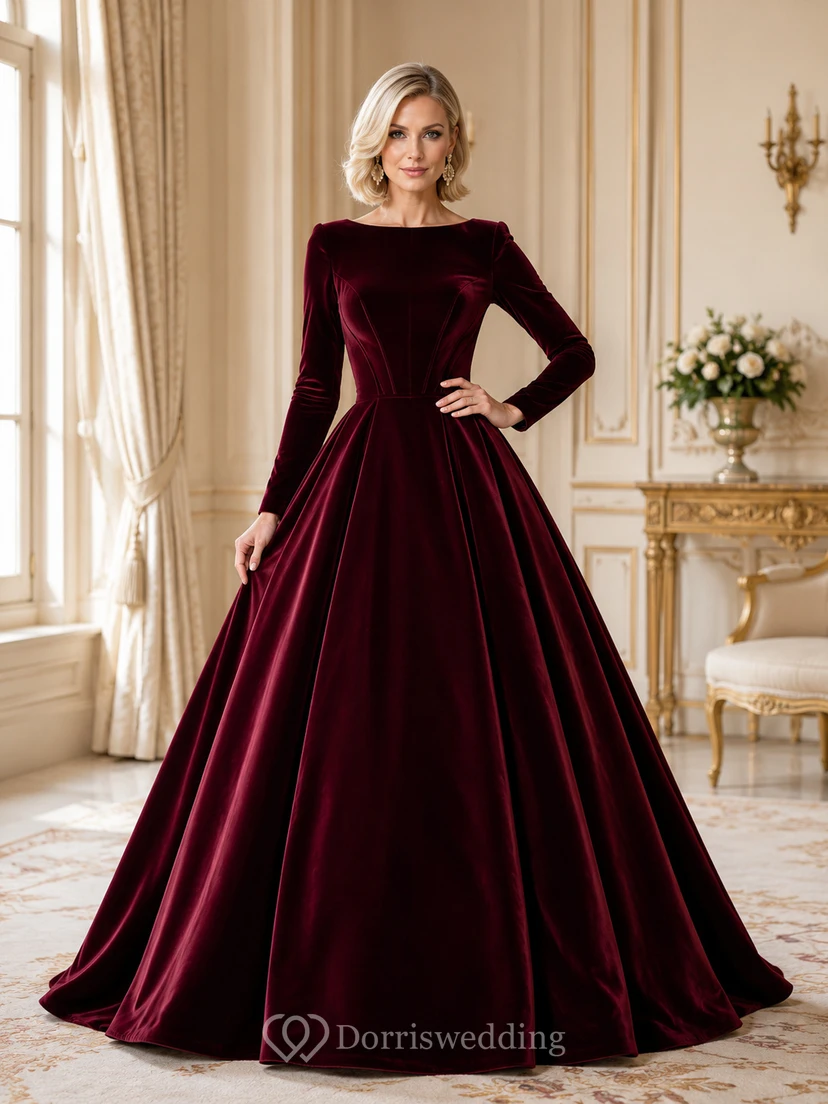 Vestido de gala vintage de terciopelo plisado de manga larga con cola larga, estilo princesa, color borgoña, corte barco.