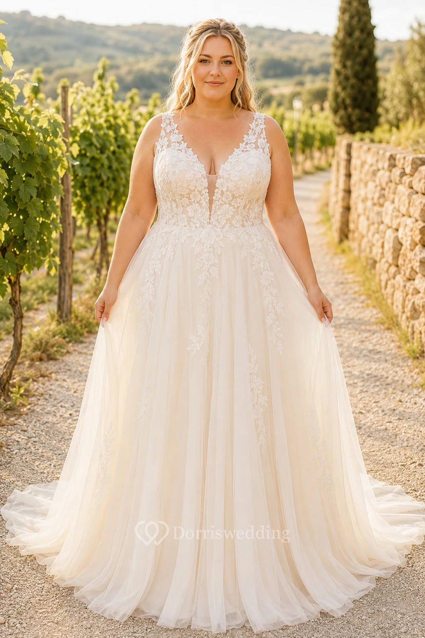 Plus Size Spaghetti-Träger-Brautkleid in A-Linie aus Spitze mit tiefem V-Ausschnitt am Rücken