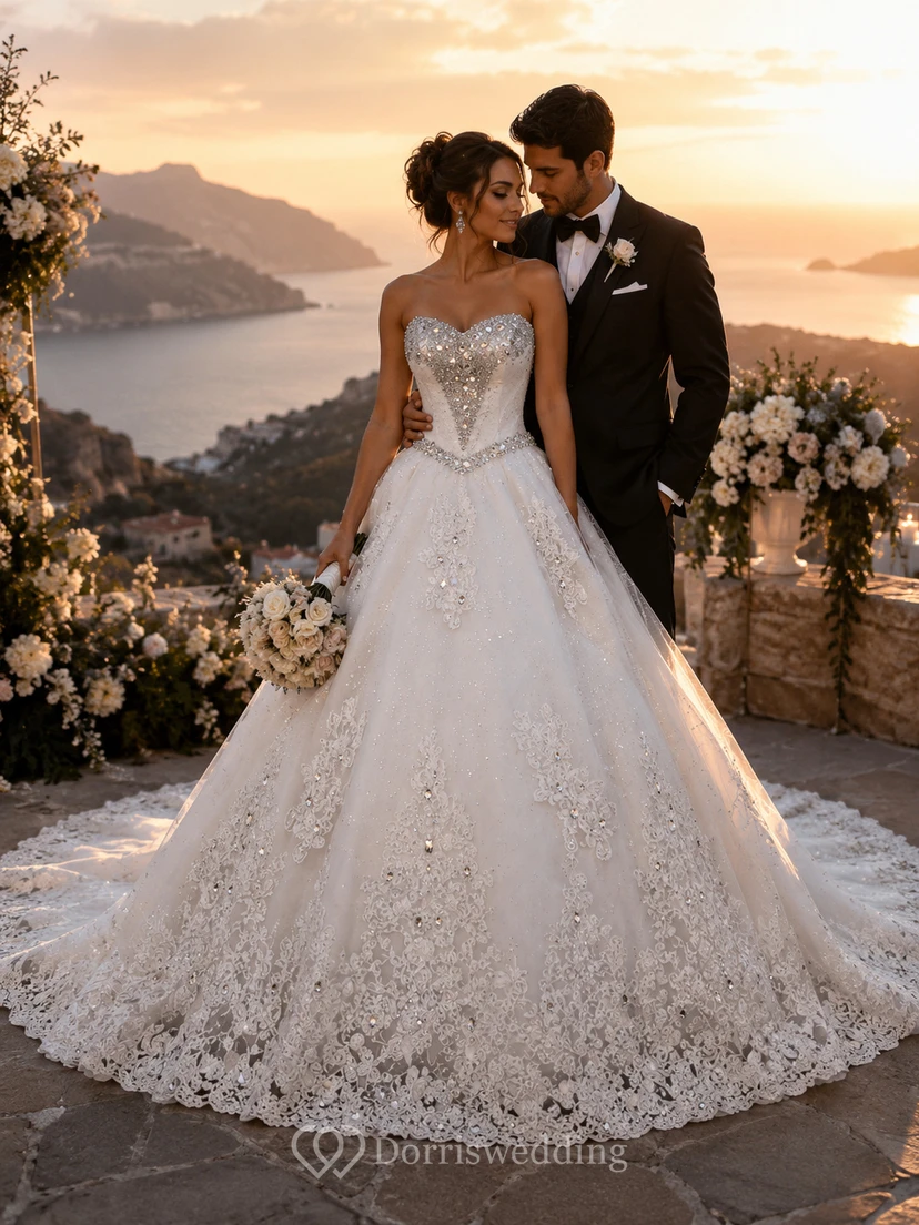 Luxurious Sweetheart Ball Gown Wedding Dress Crystal Beadings Long Train view 4