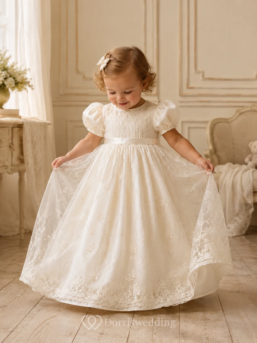 Champagne Puff Sleeve Christening Gown A-Line Lace Satin Jewel Neck
