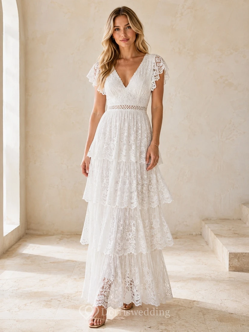 Romantisches, gestuftes Brautkleid aus Tüll in A-Linie mit flatternden Ärmeln, V-Ausschnitt und bodenlangem Schnitt