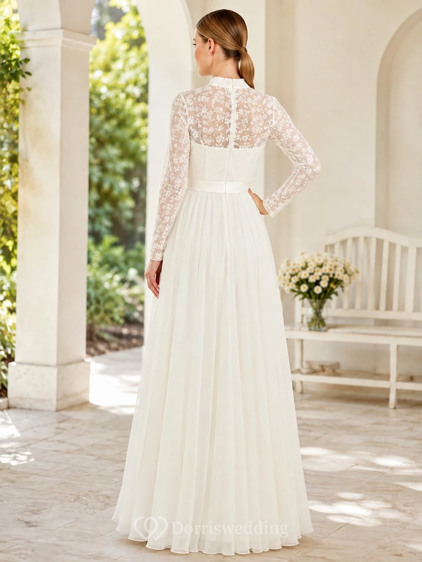 High Neck Long Sleeve Illusion Lace Floor-length A-line Modest Wedding Elegant Dress view 2