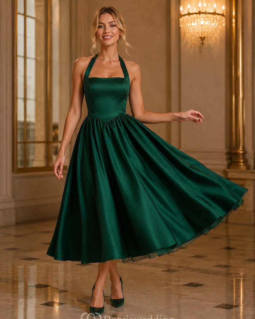 Burgundy Halter A-line Tea-length Dress view 3
