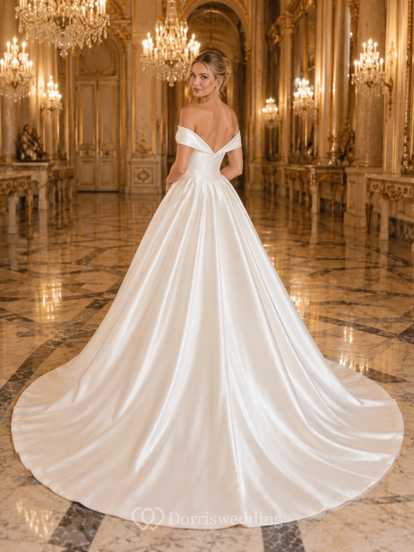 Vestido de novia de satén y tul, estilo princesa, con hombros descubiertos, cola larga y escote en V bajo. view 2