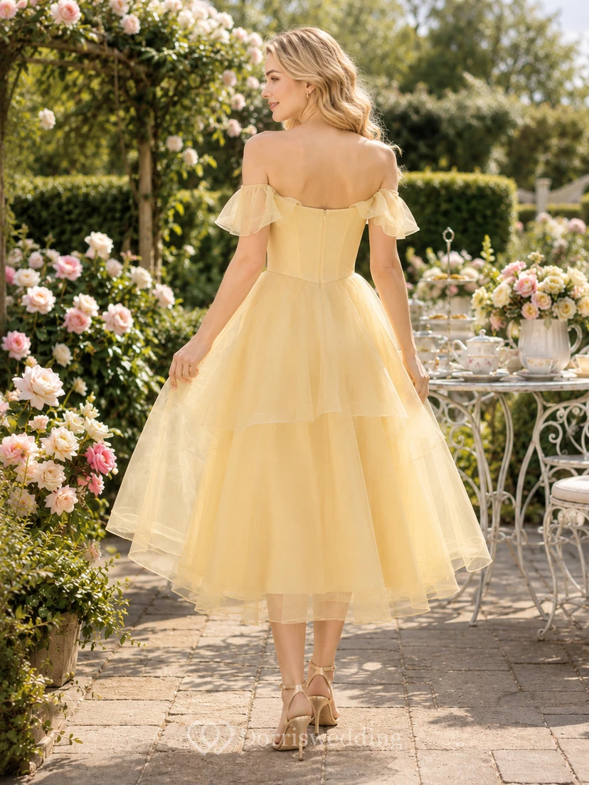 Yellow Off Shoulder Organza Tea Length Garden Party Dress view 2