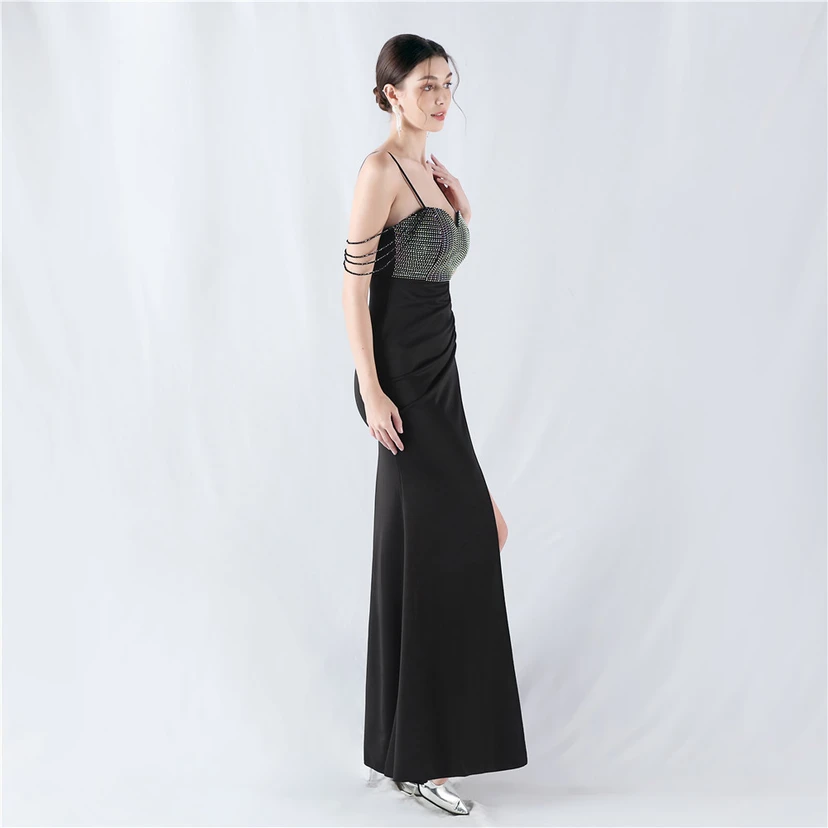 Hot Diamond Beaded High-Slit Satin Sexy Sling Evening Dress view 4
