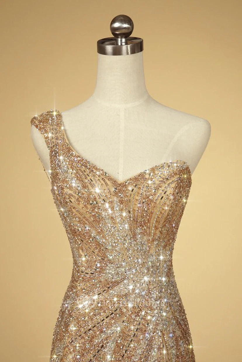 One Shoulder Beaded Open Back Luxury Tulle Mermaid Dress With Appliques view 3