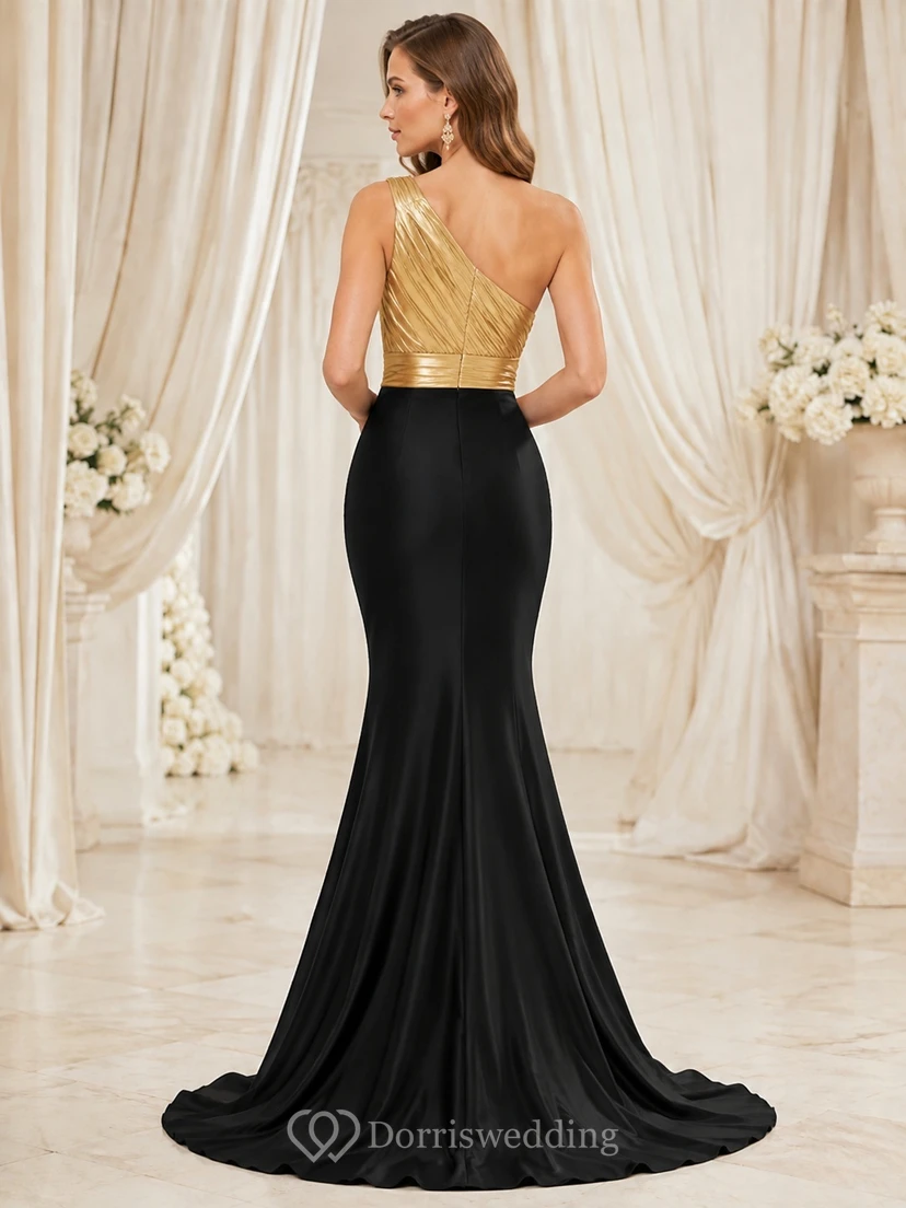 Black Gold One Shoulder Two Piece Satin Floor Length Evening Gown view 2