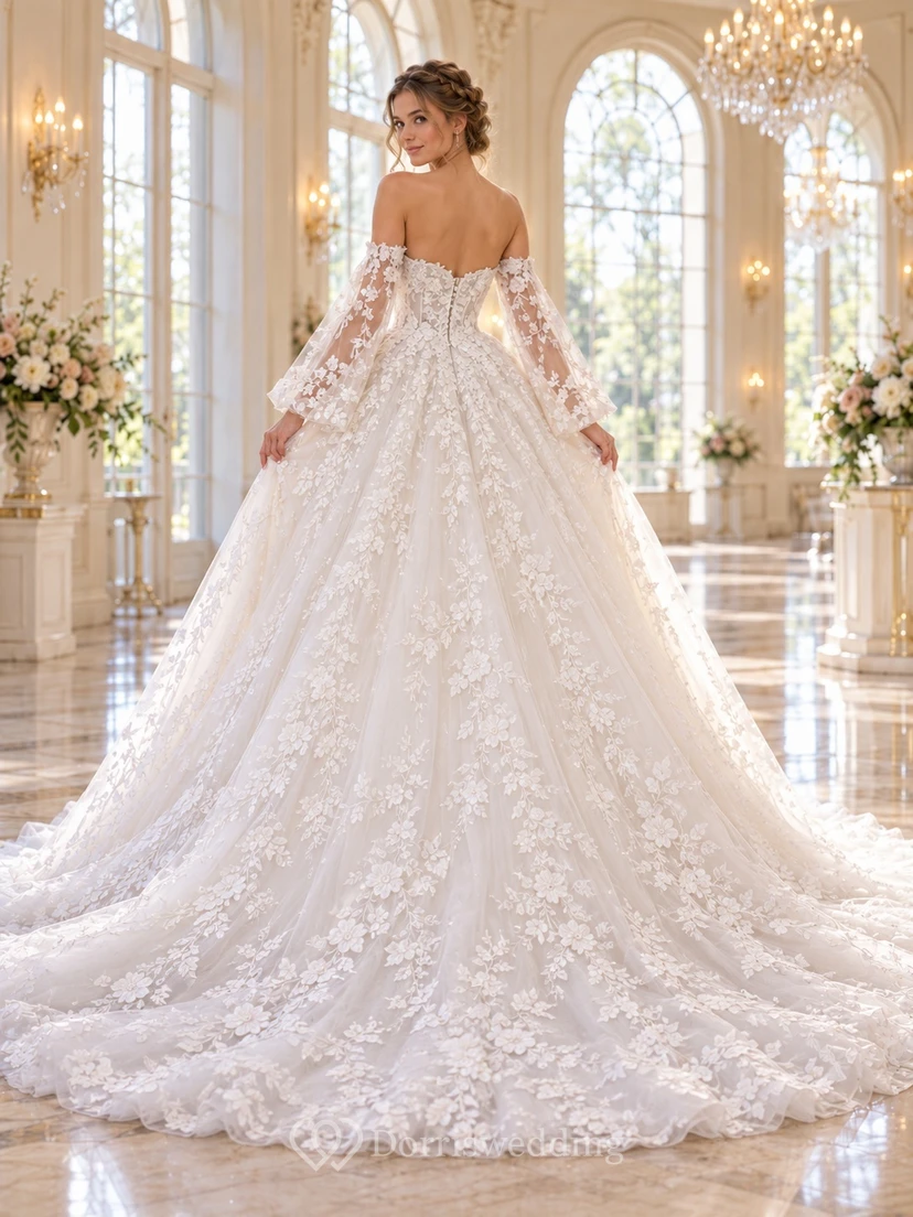 Vestido de novia de gala con tul floral, mangas acampanadas y hombros descubiertos view 2