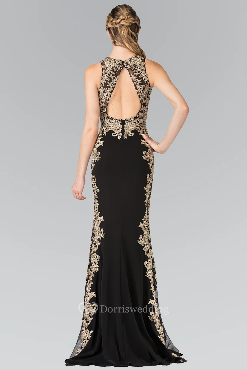 Sheath Long Jewel-Neck Sleeveless Jersey Keyhole Dress With Appliques view 2