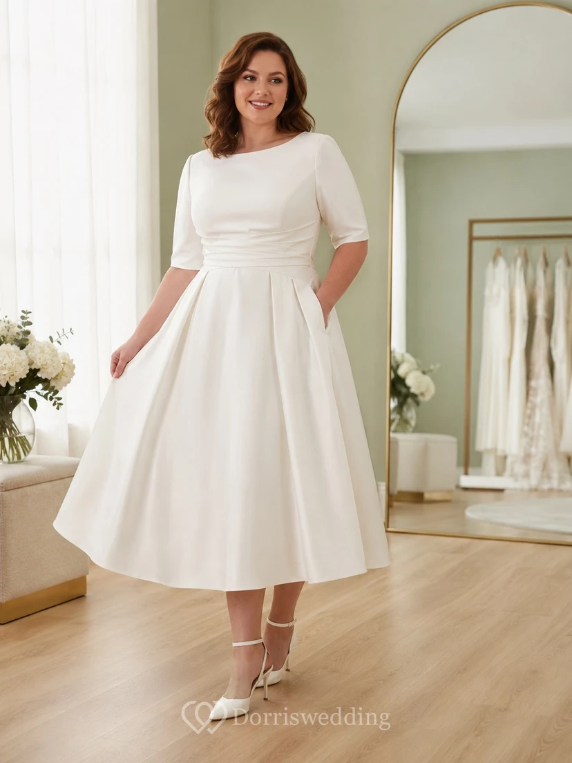 Schlichtes, elegantes Brautkleid in Übergröße mit Teelänge, U-Boot-Ausschnitt, halben Ärmeln und A-Linien-Schnitt aus Satin