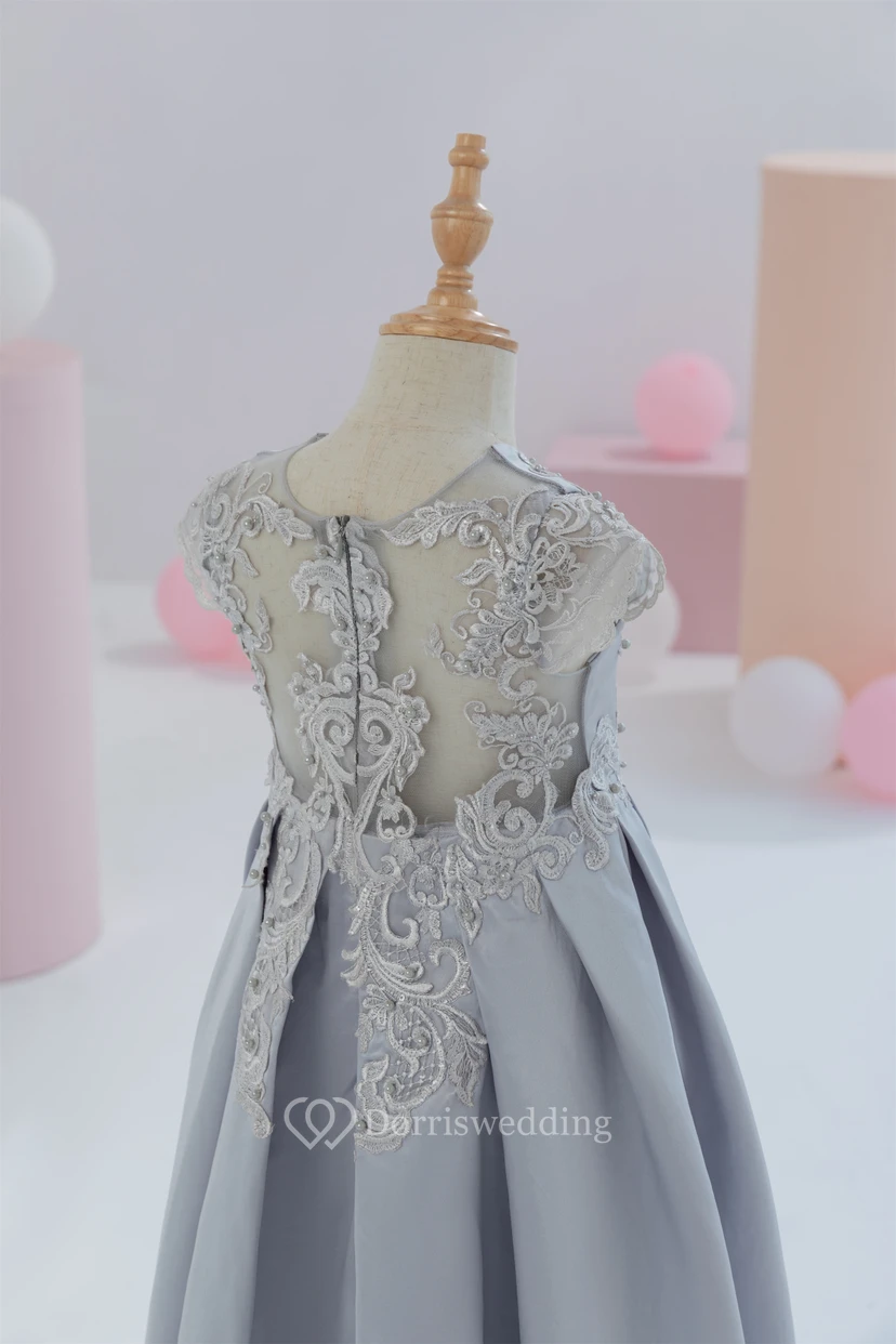 Scoop-neck Short-sleeve Satin Empire Ball Gown Flowergirl Dress with Appliques view 9