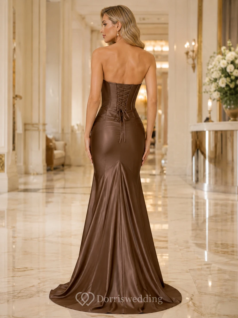 Taupe Strapless Satin Mermaid Slit Formal Dress view 2