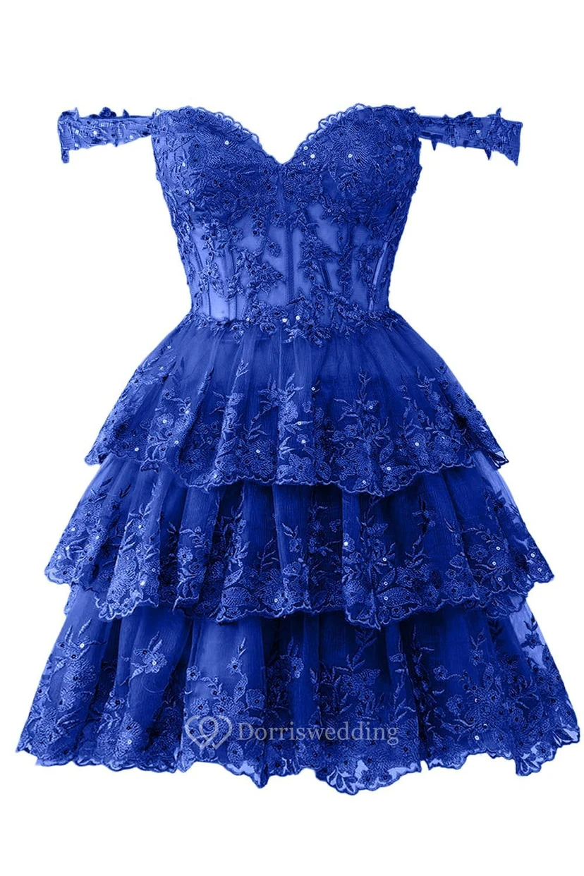 Blue Off-the-Shoulder Short Dress with Lace view 33