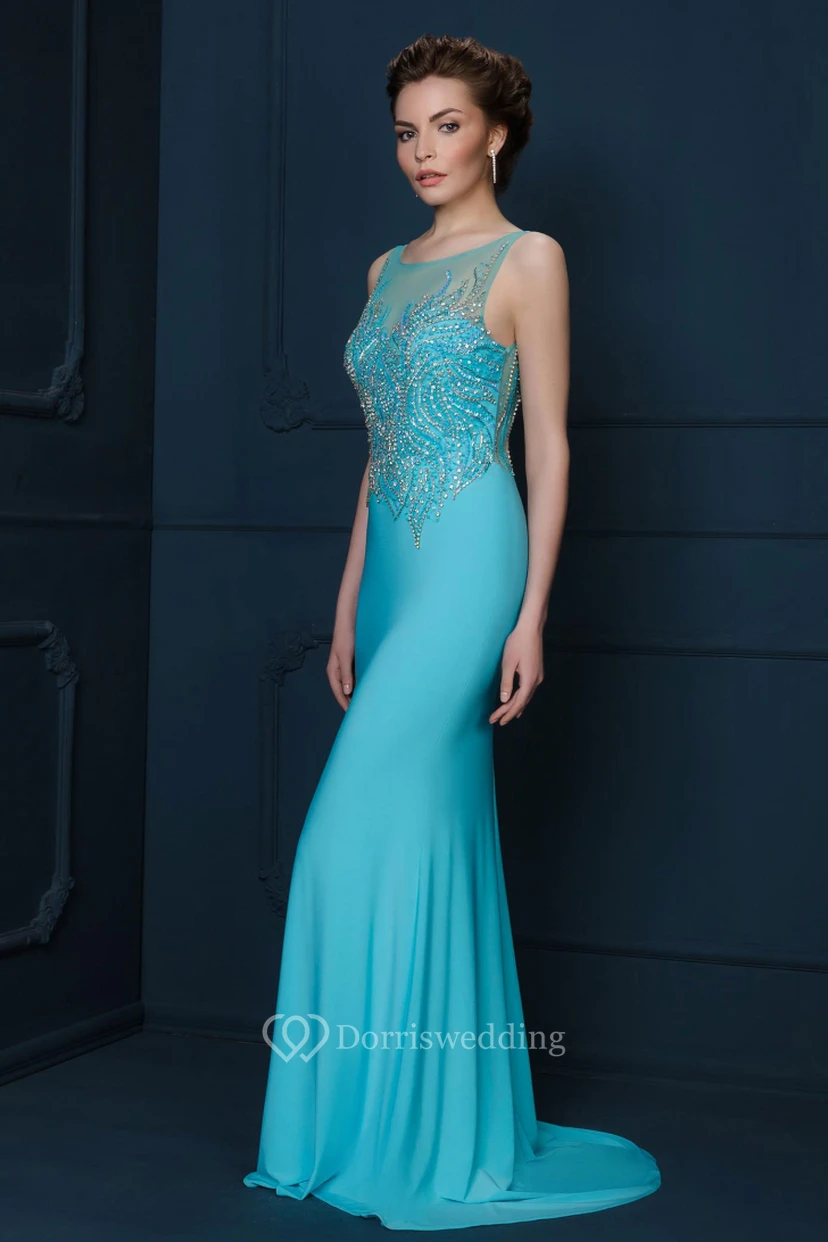 Sheath Beaded Scoop-Neck Sleeveless Long Jersey Evening Dress view 3