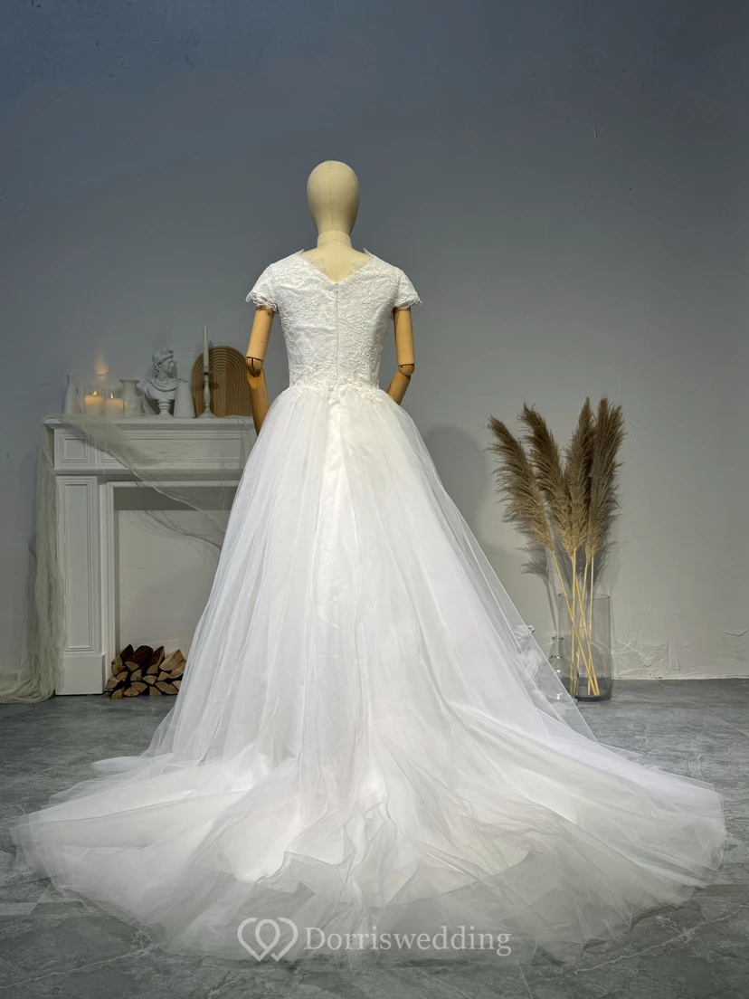 Modest Cap Scoop A-line Country Lace A-line Wedding Gown view 2
