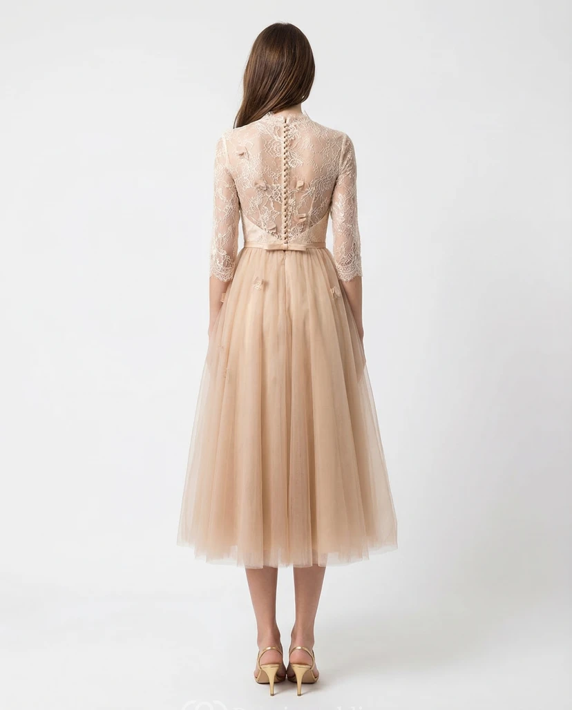 Tüllkleid mit hohem Kragen und Teelänge, Illusionseffekt view 2