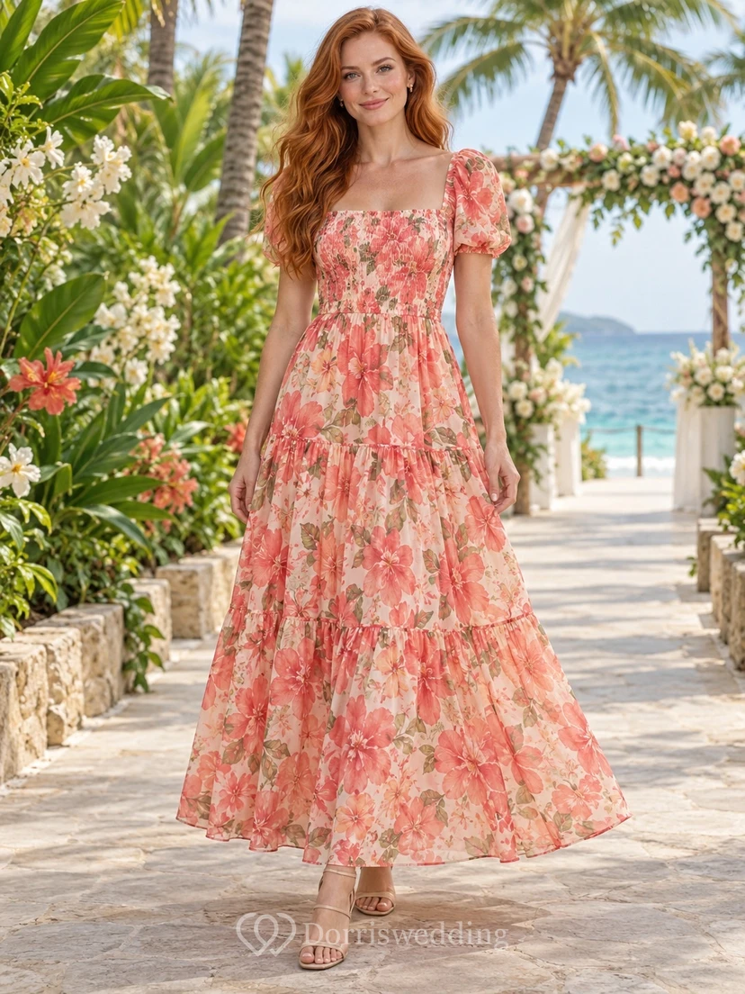 Vestido de playa de largo midi con escote en V, mangas abullonadas y corte en A, estampado floral coral.