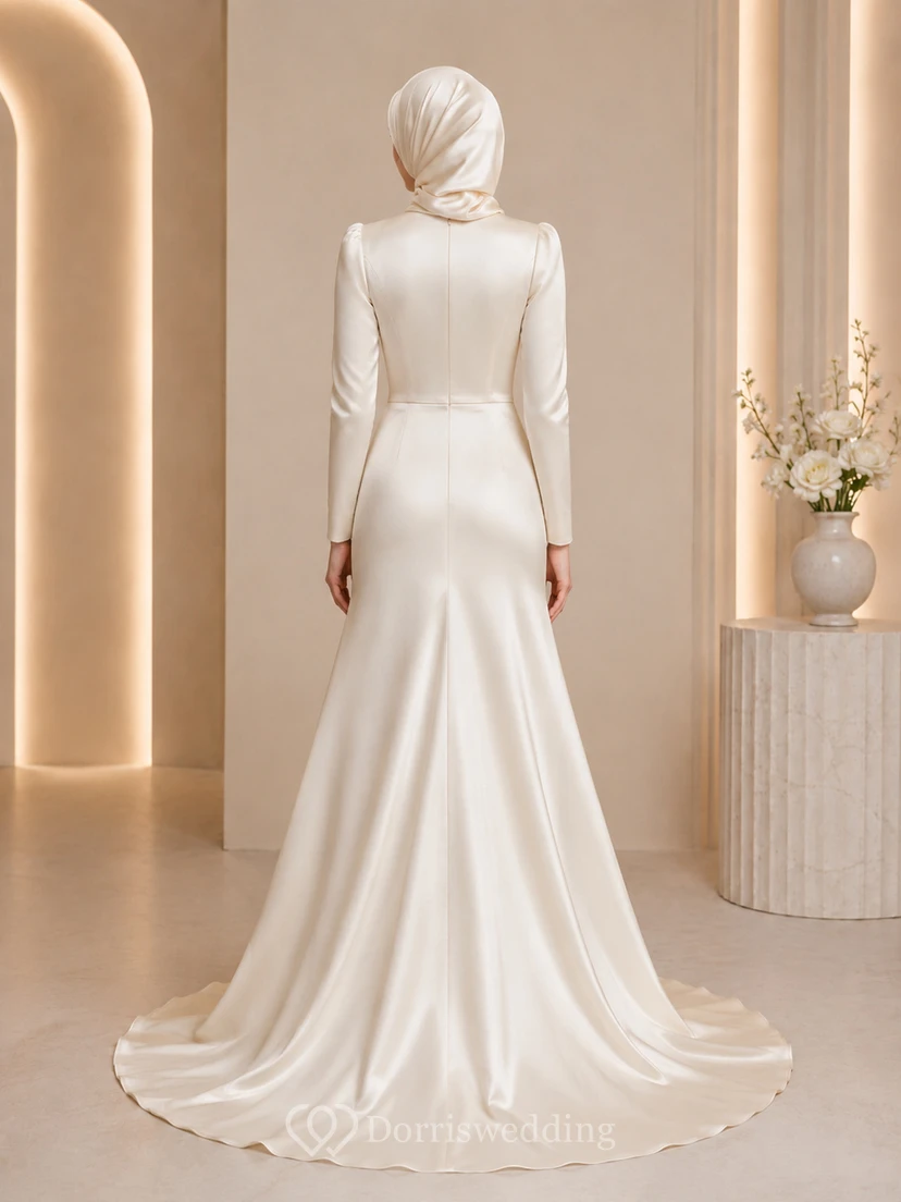 Simple Muslim Long Sleeve Satin Sheath Sweep Train Wedding Dress view 2