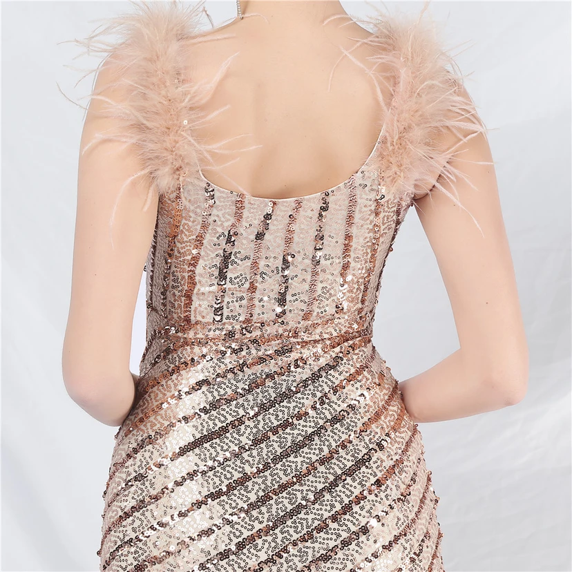 Evening Dress Craft Beaded Ostrich Feather Sequined Side Slit Evening Dress view 52