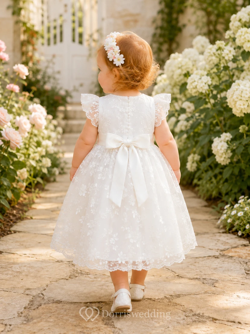 Taufkleid für Babys und die Taufzeremonie, A-Linie, Teelänge, Rundhalsausschnitt, Puffärmel, Tüllspitze, florale Details, Schleife am Rücken, Knopfleiste am Rücken view 2