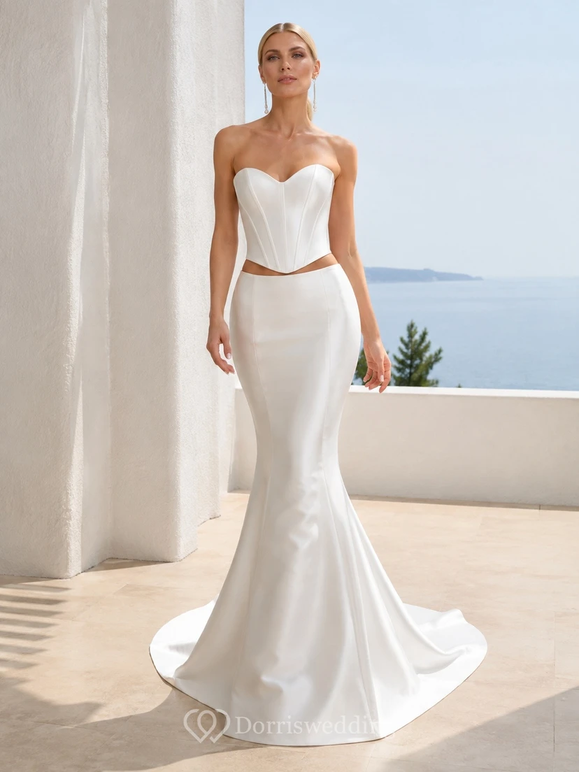 Two Modern Piece Sweetheart Satin Bridal Refined Wedding Dress