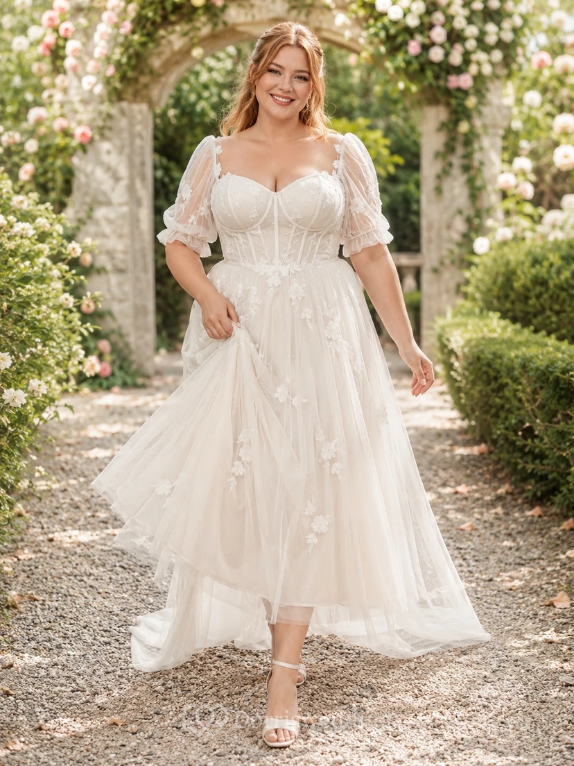 Vestido de novia de talla grande para fugas íntimas, manga corta, encaje, corte A, asimétrico