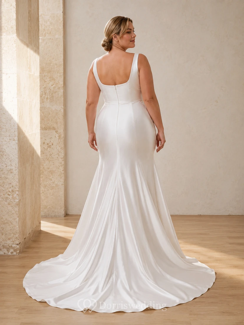 Plus Size Minimalist Square Neck Sleeveless Satin Sheath Court Train Wedding Dress view 2