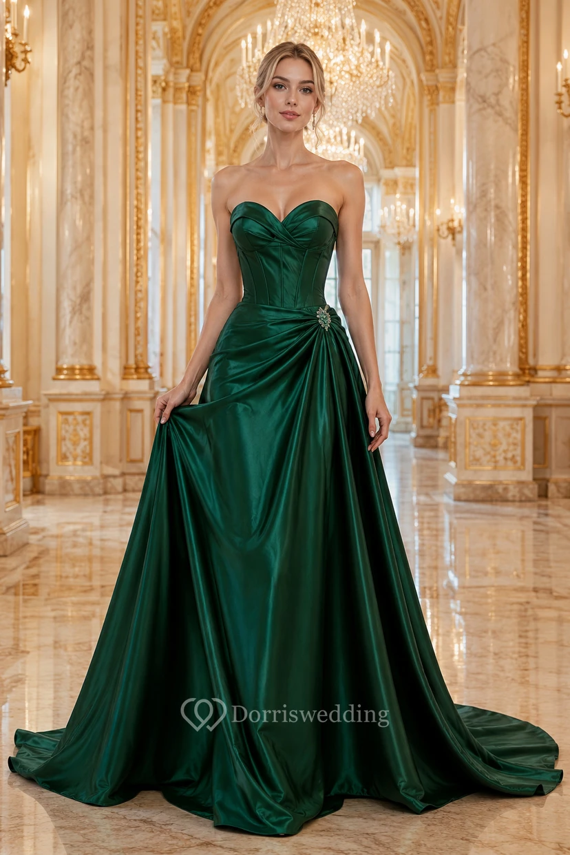 Prom Dress Dark Green Satin Ball Gown Strapless Sweetheart Draped Sweep Train