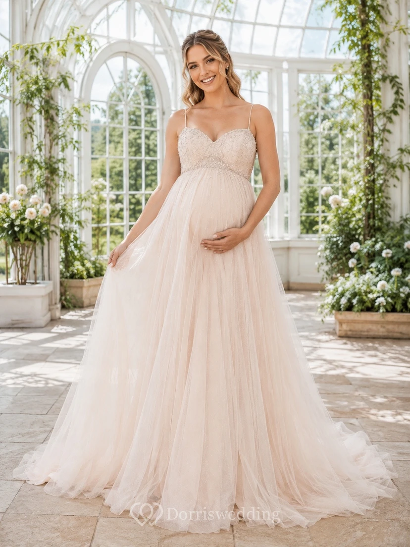 Vestido de novia romántico de tul con cola larga y tirantes finos para embarazadas
