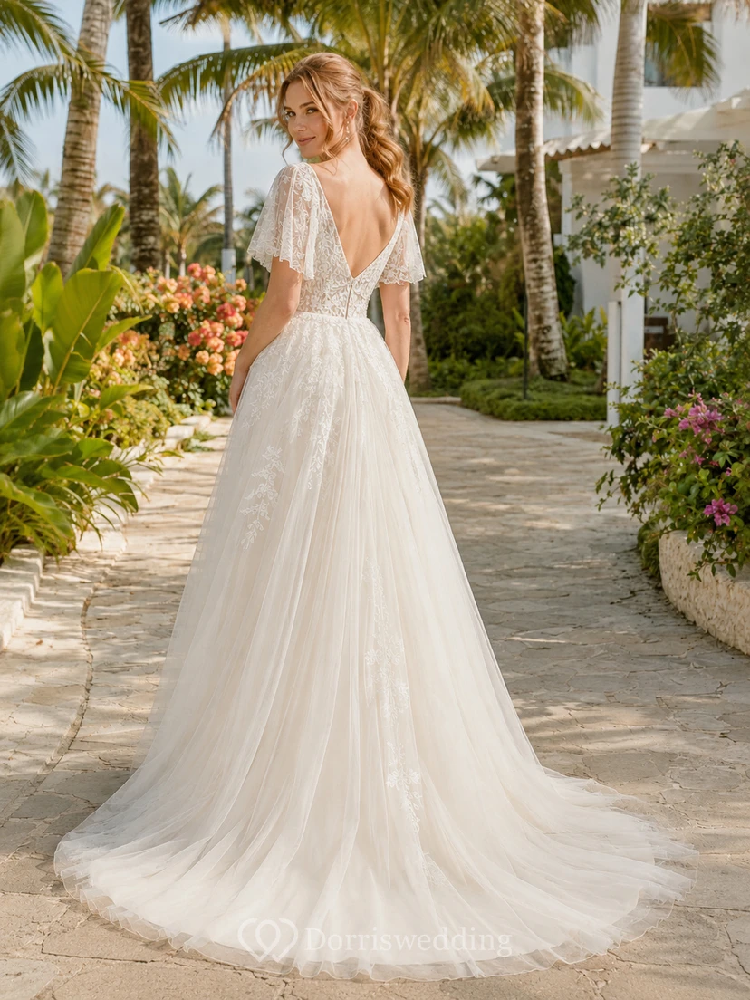 Beach Lace Tulle Wedding Dress A-Line V-Neck Cap Sleeve Sweep Train Bridal Gown view 2