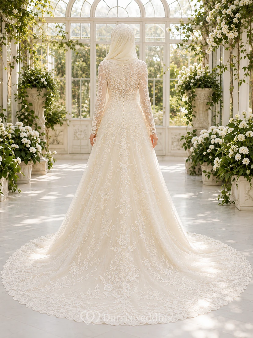 Modest Muslim Long Sleeve Lace A-Line Bridal Gown With Chapel Train view 2