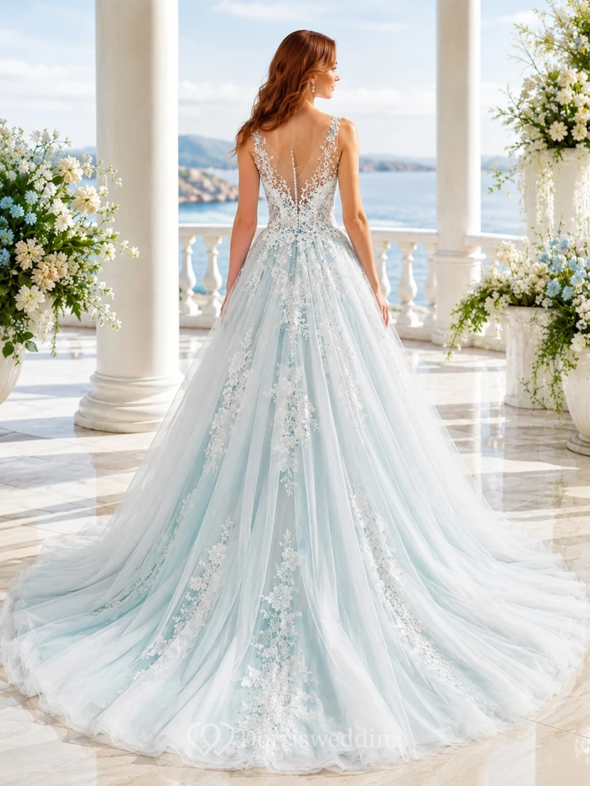 Türkisfarbenes A-Linien-Brautkleid mit V-Ausschnitt, Tüll, floraler Stickerei und bodenlangem Rock im Boho-Stil view 2