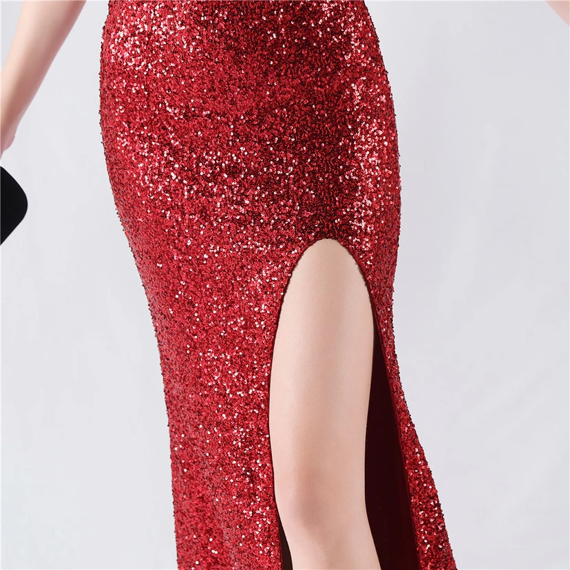 Robe de soirée sexy à sequins et fente haute, avec bretelles et encoche cryptée view 54