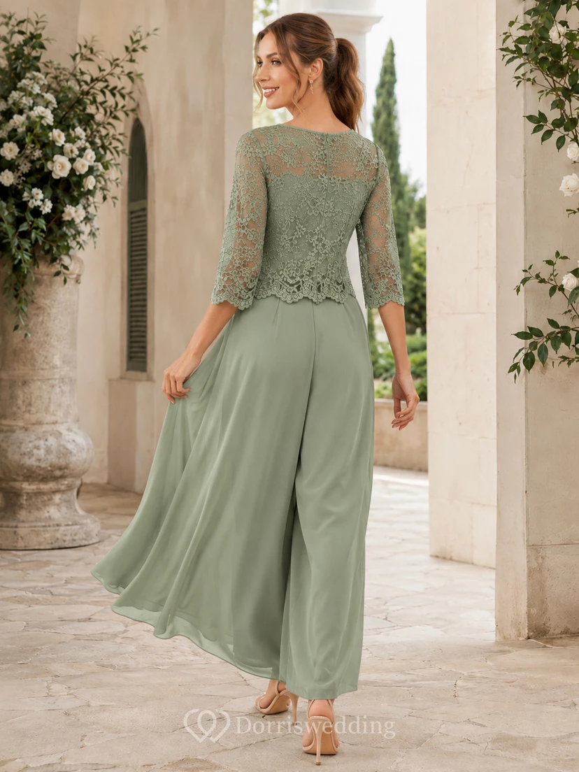 Traje de dos piezas de gasa con mangas tres cuartos de encaje y pantalón ancho para invitada, color verde salvia. view 2