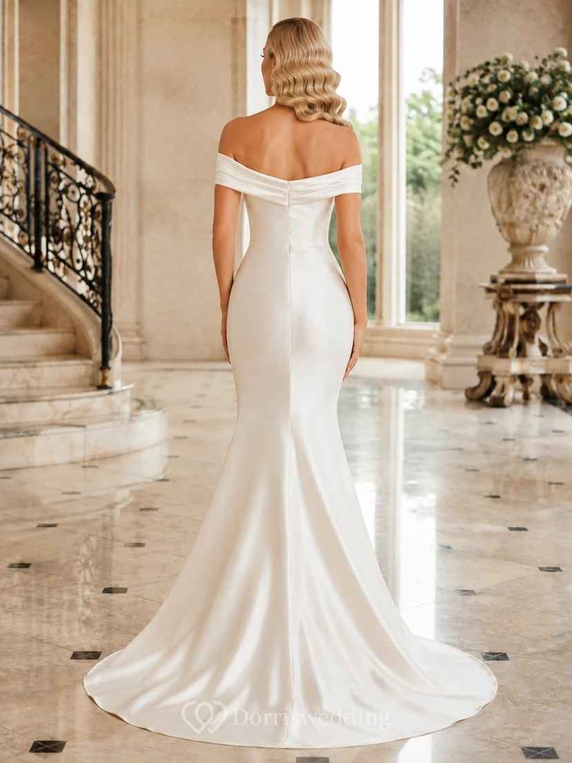 Robe de soirée élégante sirène en satin à épaules dénudées et longueur au sol view 2