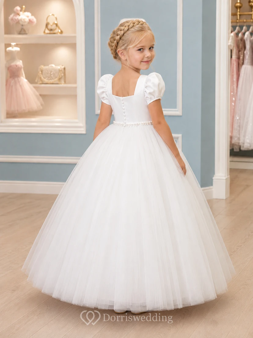 Elegant Tulle Floor-Length Ball Gown Square Neck Puff Sleeve Pearl Flower Girl Wedding Dress view 2