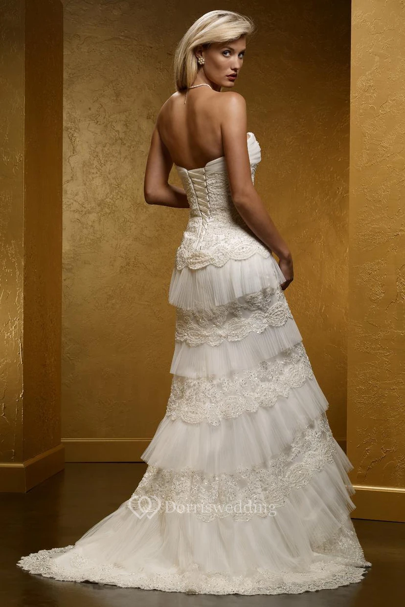 Sheath Sweetheart Long Sleeveless Tiered Lace Wedding Dress With Appliques And Corset Back view 2