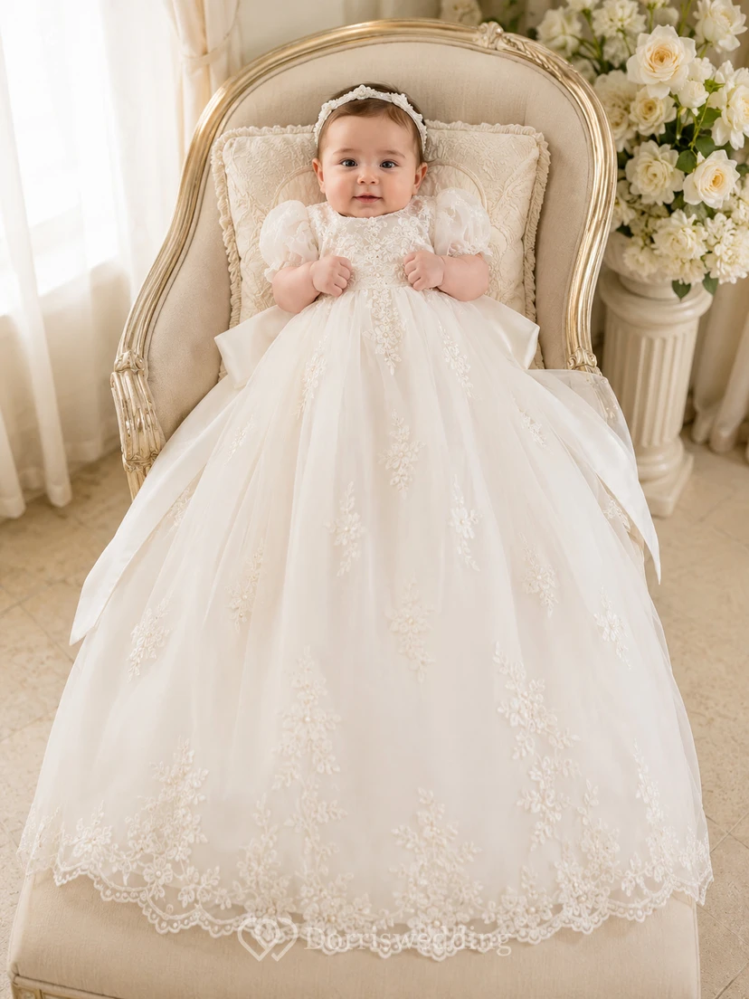 Baby Baptism Christening Ceremony Gown A-Line Floor-Length Jewel Neck Puff Sleeve Tulle Lace Bow Back Button Back